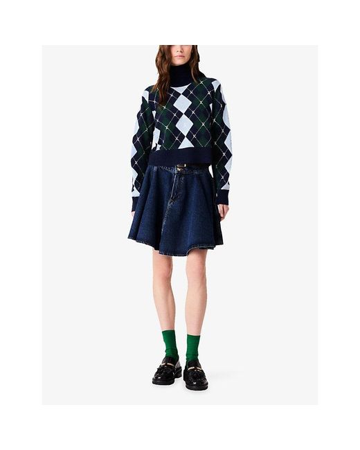 Maje Blue Rhinestone-Embellished Argyle-Pattern Wool Jumper