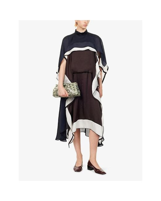 Sacai Black Layered Cape Satin And Chiffon Midi Dress