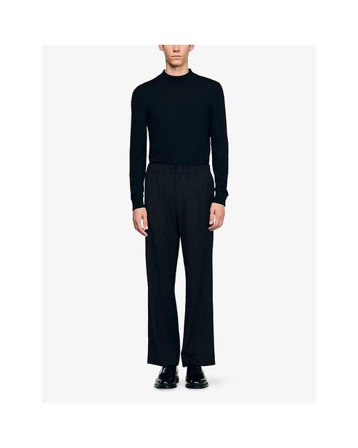 Sandro Black Elasticated-Waist Wide-Leg Stretch Wool-Blend Trousers for men