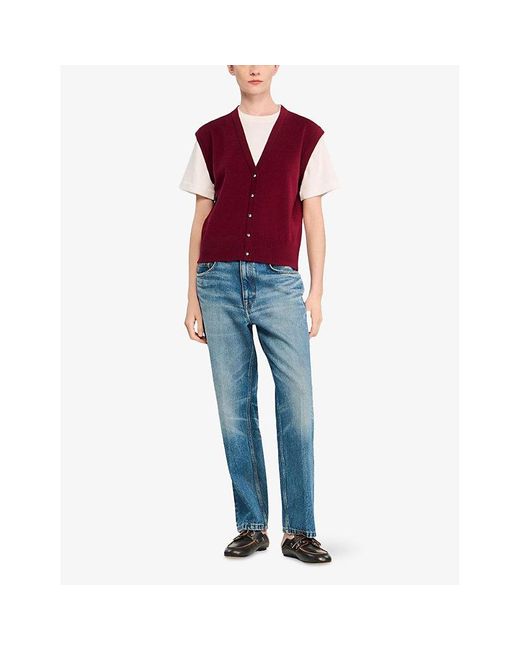 Sandro Red Two-In-One Short-Sleeved Wool And Cashmere Top