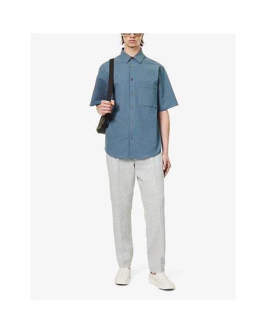 Corneliani Blue Seersucker-textured Regular-fit Cotton Shirt for men