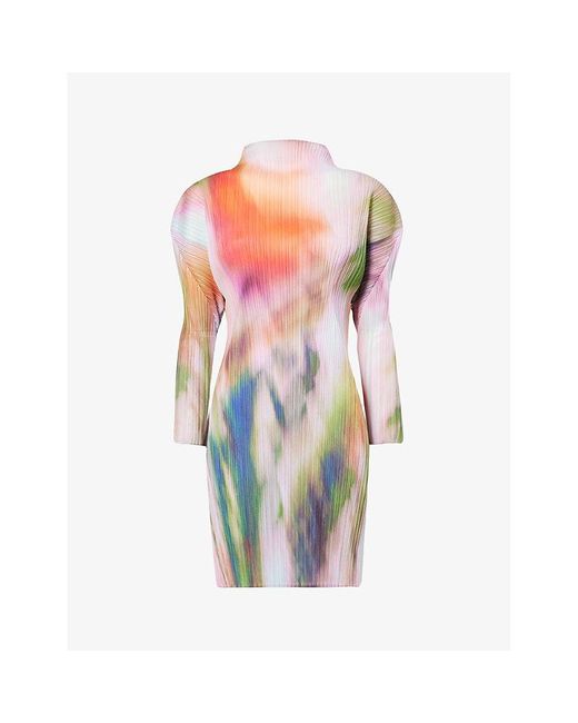 Pleats Please Issey Miyake Multicolor And Spinach Abstract-pattern Knitted Top