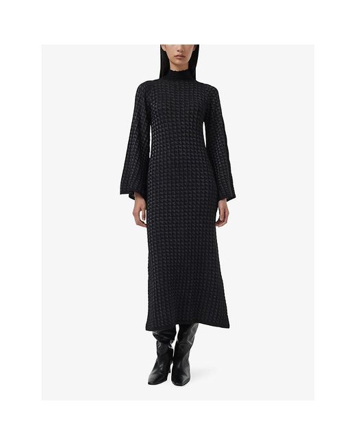 eem Black Bell-Sleeve High-Neck Metallic-Yarn Kaftan