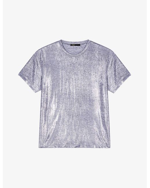 Maje Blue Short-sleeve Metallic-lamé Stretch-woven T-shirt