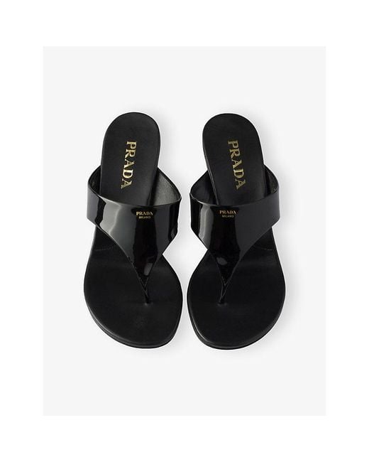 Prada Black Thong Patent Leather Wedge Sandals