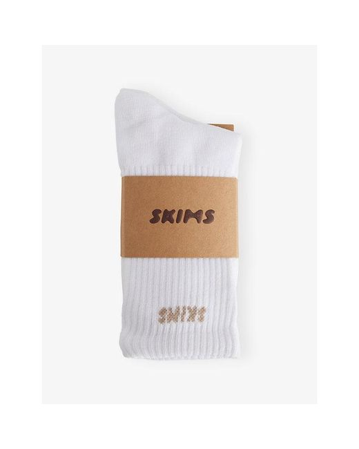 Skims White Crew Ribbed Pack F Three Cotton-Blend Socks