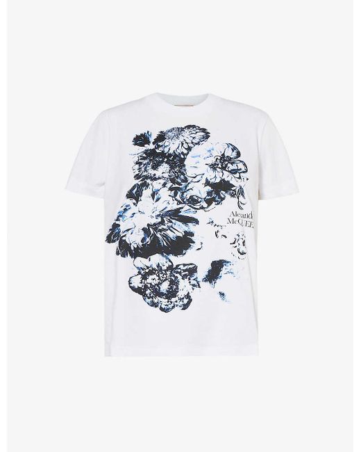 Alexander McQueen White Floral-print Round-neck Cotton-jersey T-shirt