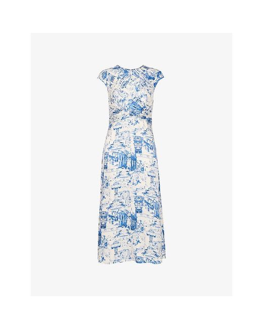 Whistles Blue Rome-Print Twist-Neck Woven Midi Dress