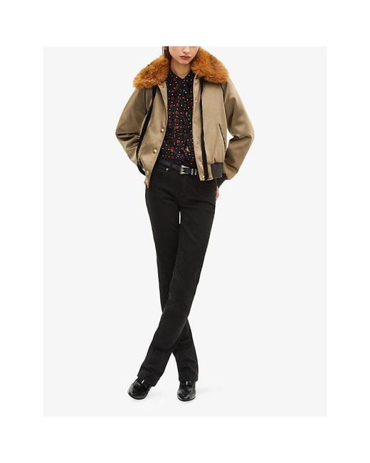 The Kooples Brown Faux Fur-Collar Tie-Detail Satin Jacket