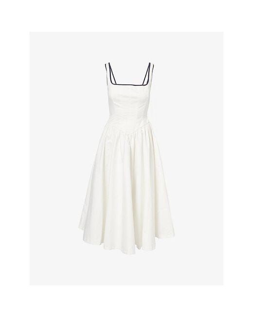 L.A-Space White Corseted Square-Neck Cotton Midi Dress