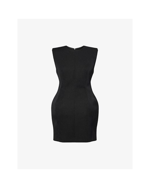 mugler wool mini dress Mugler Padded-Shoulder Cinched-Waist Wool-Blend Mini Dress in Black