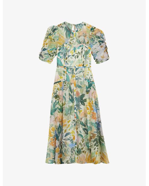 Ted Baker Green Mincia Floral-print Puff-sleeve Woven Midi Dress