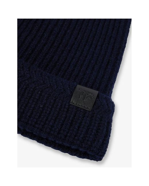Tom Ford Blue Branded-patch Wool And Cashmere-blend Beanie Hat for men