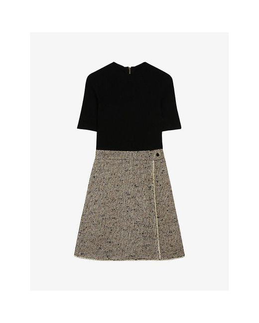 Ted Baker Black Feliod Tweed-skirt Short-sleeve Woven Mini Dress