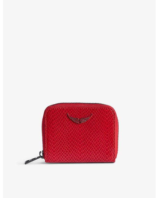 Zadig & Voltaire Red Wing-embellished Embossed-leather Zip-around Wallet