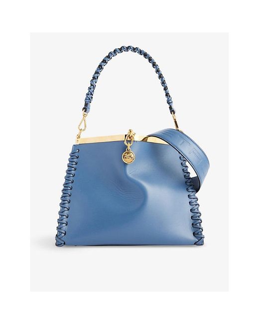 Etro Blue Vela Braided-strap Leather Top-handle Bag
