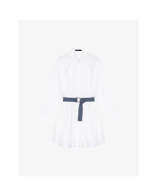 Maje White Long-Sleeved Contrast-Belt Cotton Shirt Dress