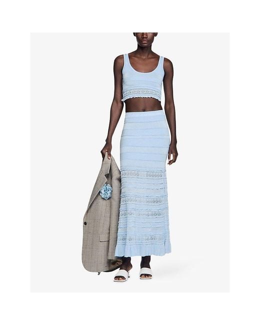 Sandro Blue High-Rise Pointelle Knitted Maxi Skirt