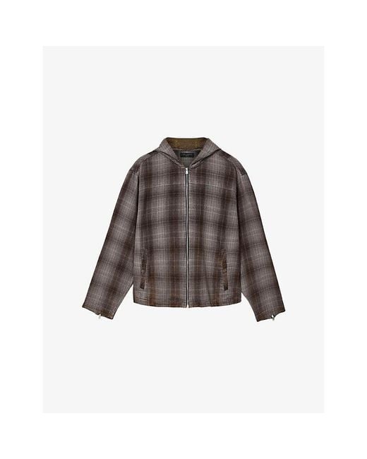 AllSaints Brown Santo Hooded Checked Cotton Shirt for men