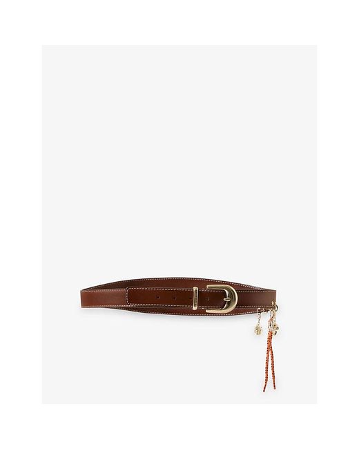 Claudie Pierlot Brown Curved Charm-Embellished Leather Belt