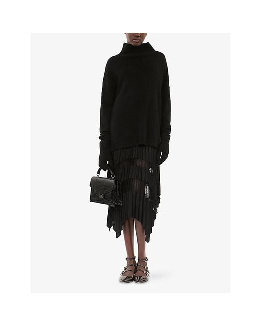 The Kooples Black Sheer-Panel Asymmetric-Hem Woven Midi Skirt