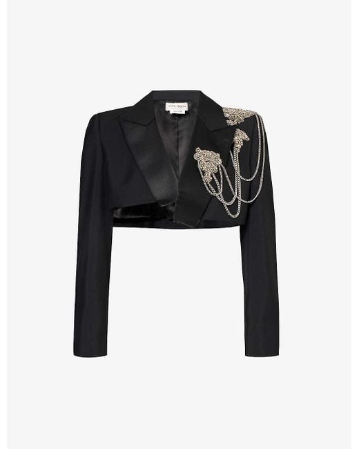 Alexander McQueen Black Crystal-embellished Cropped Wool Blazer