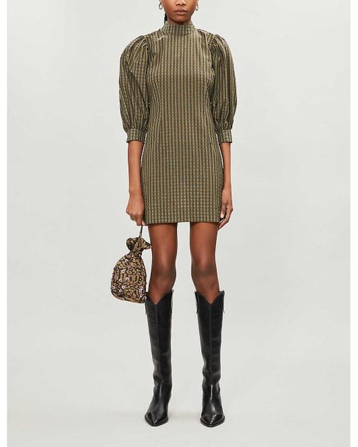 Ganni Green Seersucker Gingham Woven Mini Dress