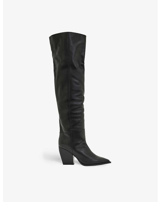 AllSaints Black Reina Pointed-toe Knee-high Leather Boots