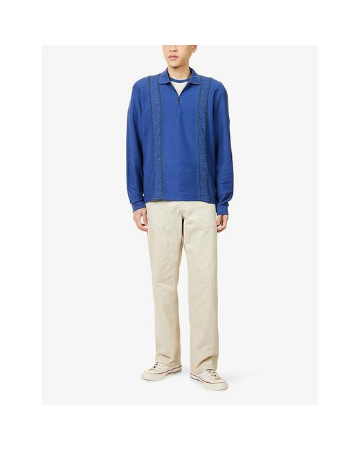 Palmes Blue Lace-Trim Long-Sleeve Cotton Polo Top for men