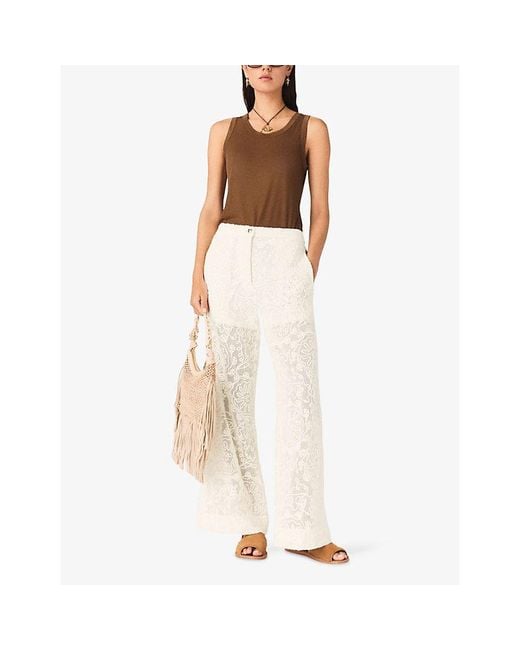 Maje Natural Flared Floral-Guipure Cotton Trousers