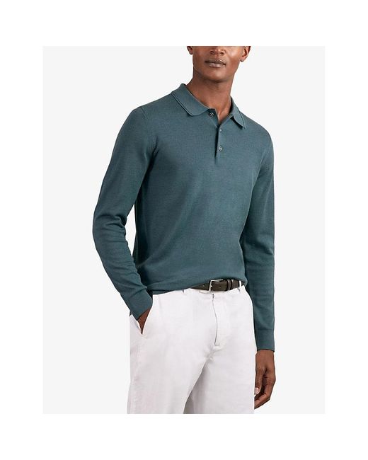 Reiss Blue Trafford Regular-Fit Long-Sleeve Merino-Wool Polo for men