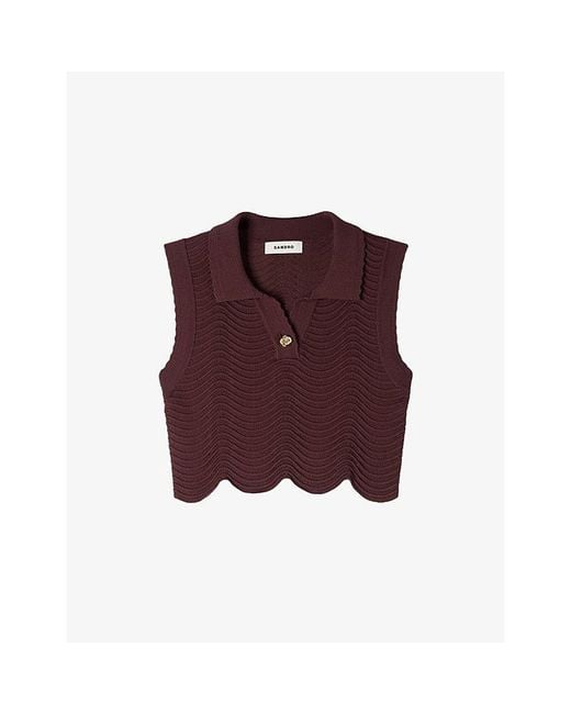Sandro Purple Cropped Button-Neck Stretch-Knit Top