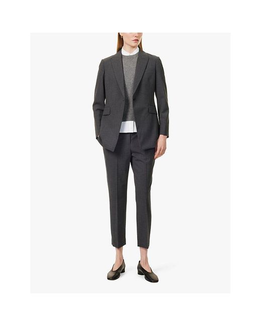 Theory Gray Pressed-Crease Tapered-Leg High-Rise Stretch-Wool Trousers
