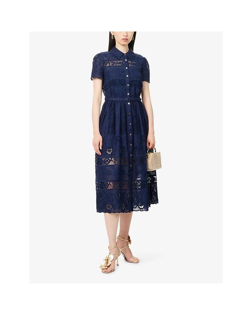 Self-Portrait Blue Ramie Collared Lace Woven Midi Dress