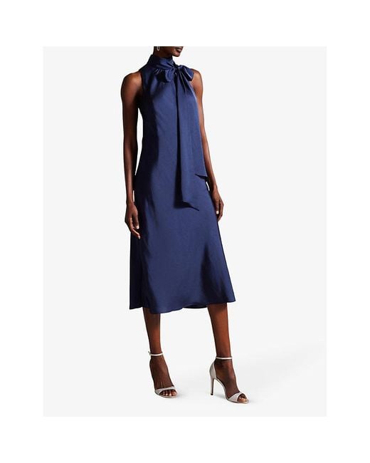 Ted Baker Llauraa Bow-embellished High-neck Woven Midi Dress in Blue | Lyst