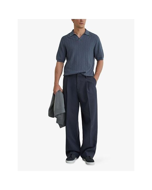 Reiss Blue Sol Textured Knitted Polo Shirt for men