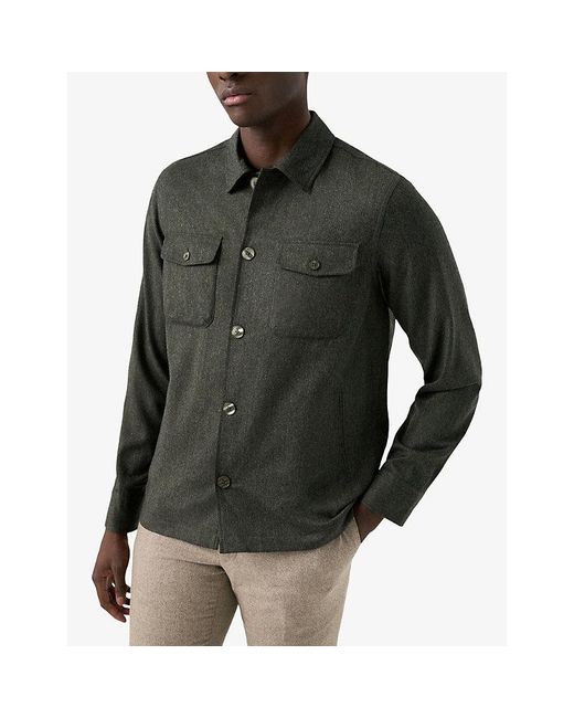 Eton of Sweden Green Chest-Pocket Long-Sleeved Wool Overshirt for men