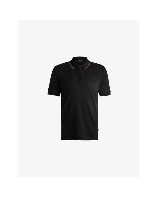 Boss Black Short-Sleeved Zip-Up Cotton Polo Shirt for men