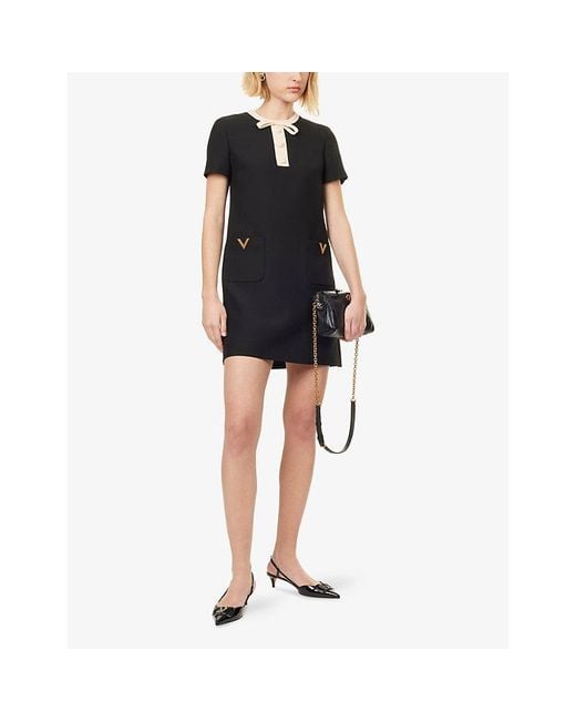 Valentino Black Bow-Embellished Short-Sleeves Wool And Silk Mini Dress