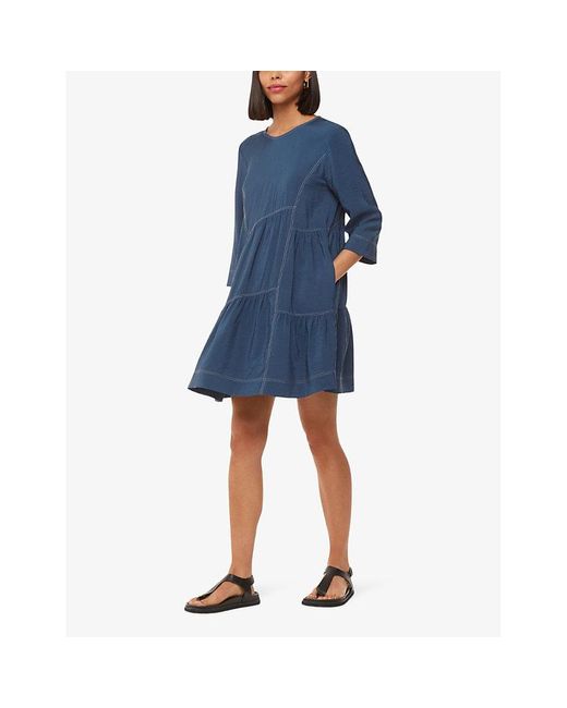 Whistles Blue Phoebe Seam-Detail Trapeze Woven Mini Dress