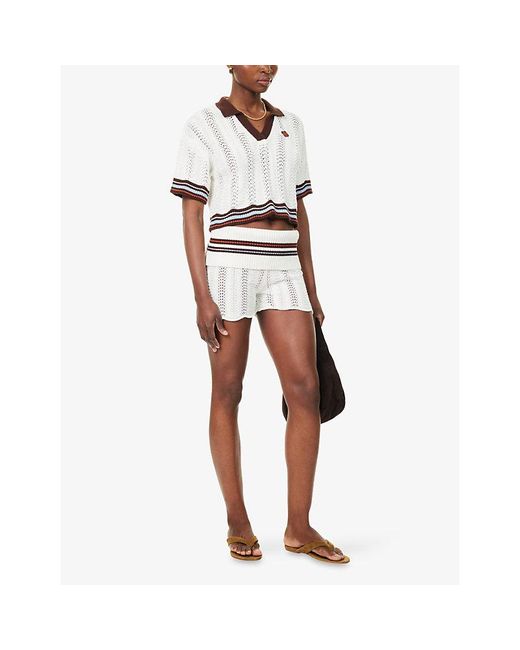 The Couture Club White Open Collar Crochet Crop Cotton-Knit Top
