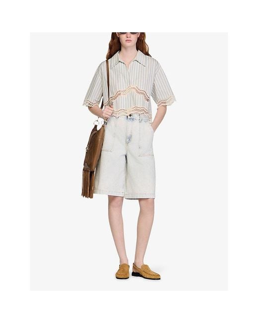 Sandro White Striped Cropped Cotton Shirt