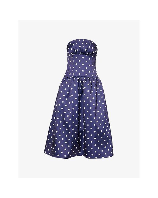 Self-Portrait Blue Polka Dot Bandeau Satin Midi Dress