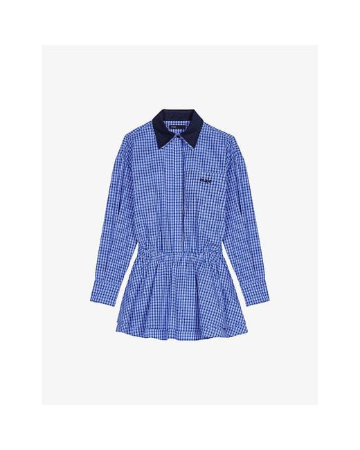 Maje Blue Rhinestone-Embellished Contrast-Collar Cotton Mini Dress