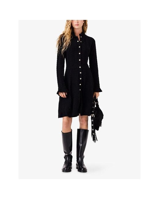 Maje Black Long-Sleeved Knitted Cotton-Blend Mini Dress