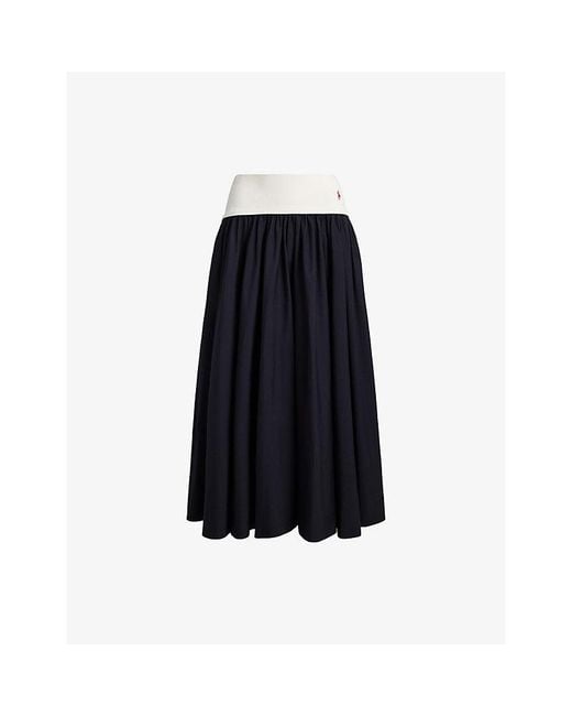 Polo Ralph Lauren Blue Logo-Embroidered Contrast-Waistband Cotton Midi Skirt