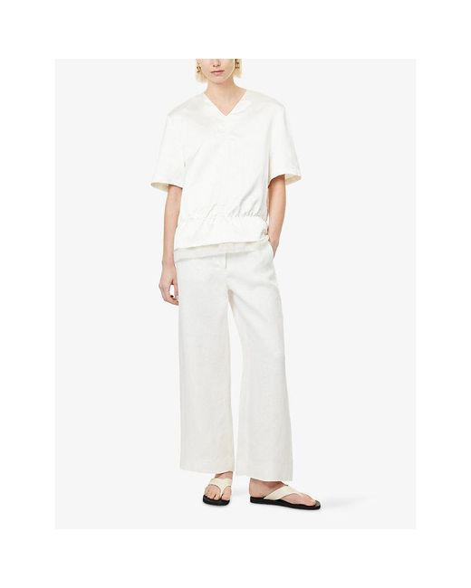 Max Mara White Drawstring Wide-Leg Linen Trousers