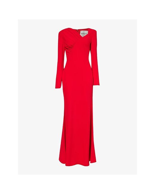 Roland Mouret Red Asymmetric-neck Long-sleeved Crepe Maxi Dress