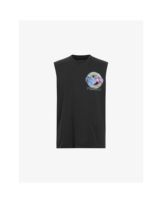 AllSaints Black Cheech Graphic-print Sleeveless Organic-cotton Vest Top X for men