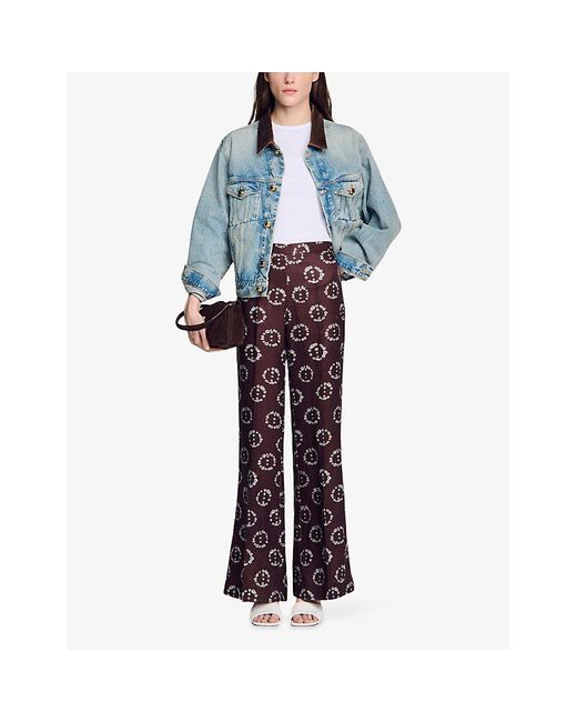 Sandro Brown Floral Flared Woven Trousers